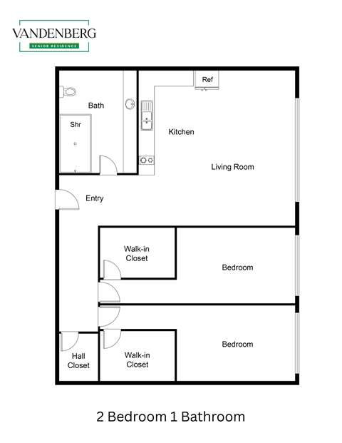Floor plan for 2 beds, 1 bath, 864 sqft
